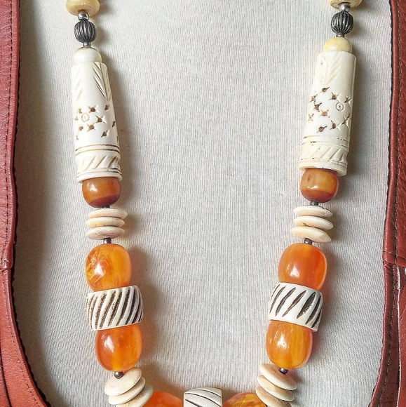 Vintage Carved Bone & Amber Beaded Necklace - Picture 3 of 6